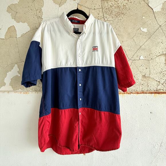 Chaps Ralph Lauren Colorblock Button Down Shirt Red White Navy Short Sleeve XL - Picture 1 of 5